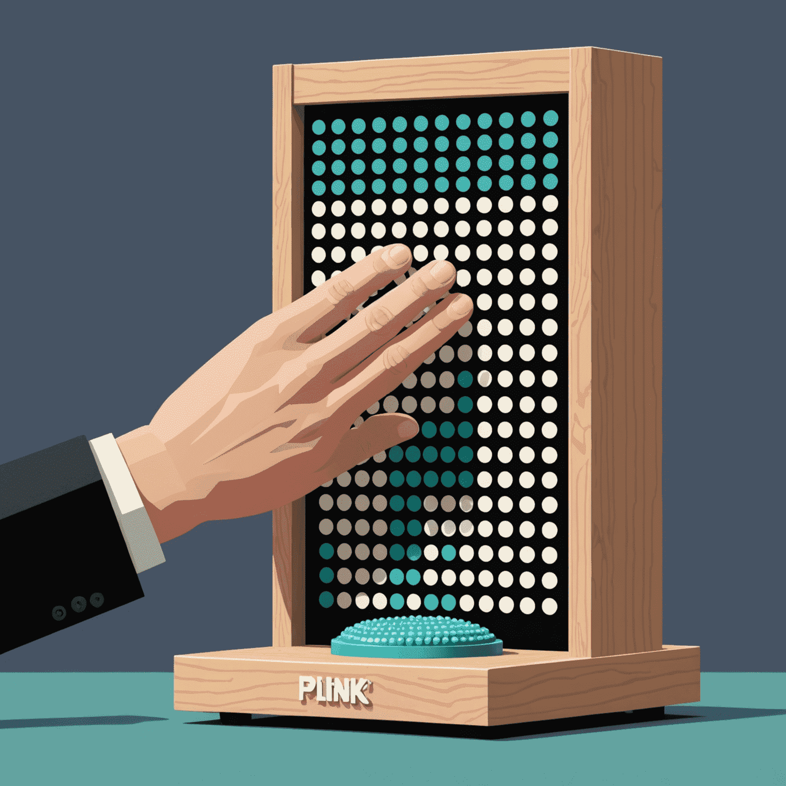 A pixelated illustration showing a player's hand dropping a Plinko disc, emphasizing the starting point of the game