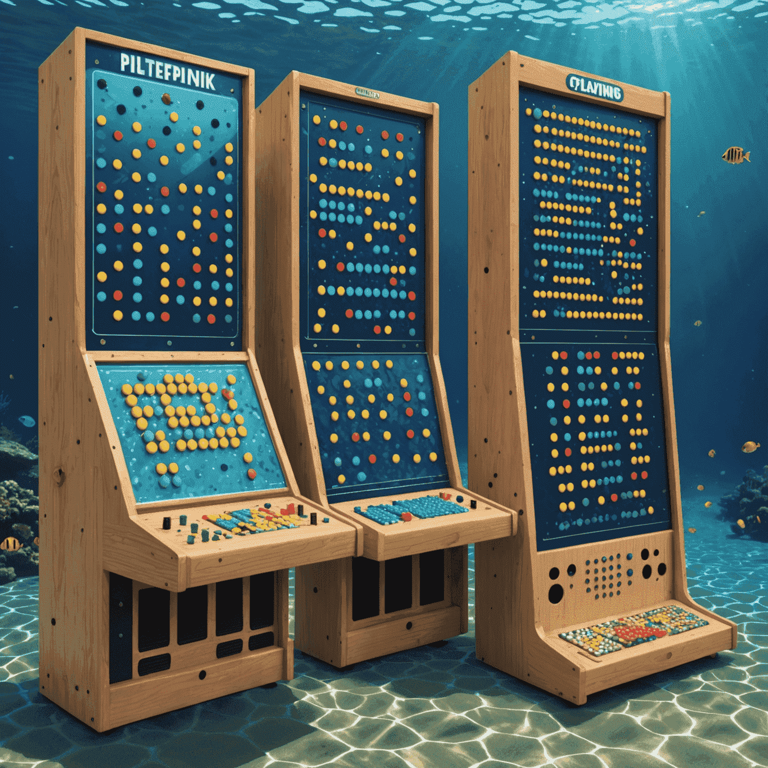 A split-screen pixelated image showing three different Plinko board variations: classic, digital with effects, and a themed underwater version